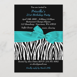 21. Geburtstags-Party, Zebra, schwarzes Türkisweiß Einladung