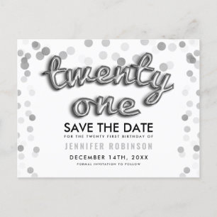 21. Geburtstags-Save the Date silberner Ankündigungspostkarte