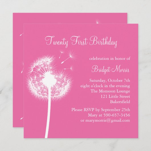 21. Geburtstagseinladung (Fuchsia) Einladung (Vorne/Hinten)