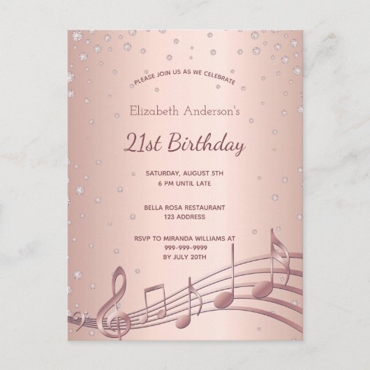 21. Geburtstagsfeier - Rose Diamanten - Einladung Postkarte (Vorderseite)