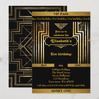 21.,Geburtstagsfrau 21.,Gatsby,Ticket,schwarzes Go Einladung