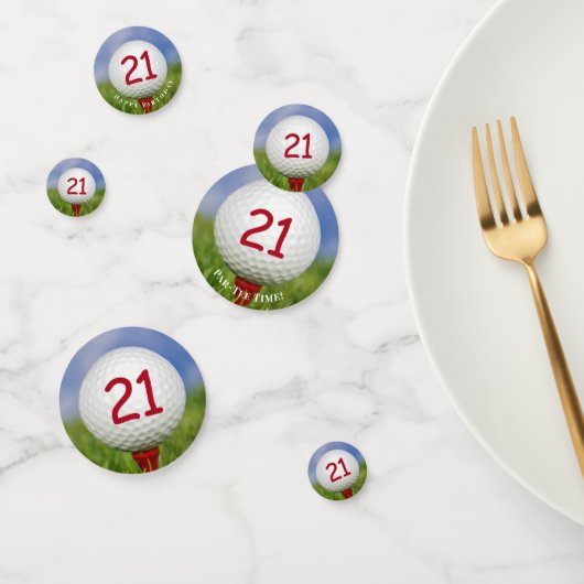 21. Geburtstagsgolfball auf rotem Tee Konfetti (Gruppe)