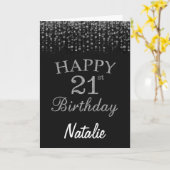 21. Geburtstagskarte Schwarz/Silber-Glitzer Karte (Gelbe Blume)