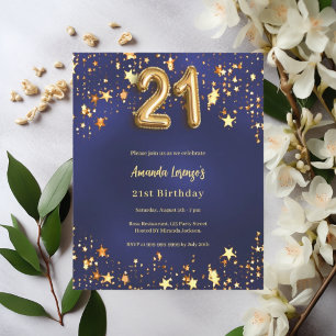 21. Geburtstagsnacht blaue goldene Sterne Einladun
