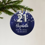 21. Geburtstagsnacht blaue Silberstars Keramik Ornament<br><div class="desc">Eine marineblau Hintergrundfarbe mit Imitaten silbernen Sternen. Die blaue Farbe ist ungleichmäßig. Name,  Text/Datum hinzufügen</div>