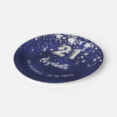 21. Geburtstagsnacht blaue Silberstars Pappteller (Schrägansicht)