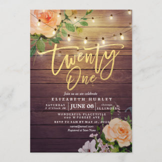 21 Geburtstagsparty Rustic Wood Blume String Light Einladung
