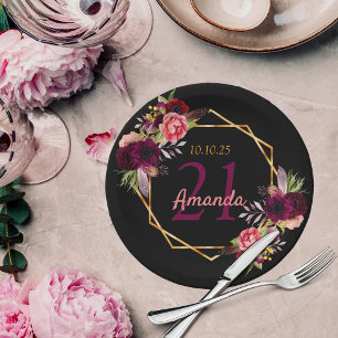 21. Geburtstagsparty schwarz gold geo floral burgu Pappteller