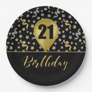 21 Gold Geburtstagsballon auf Black Gold Confetti Pappteller
