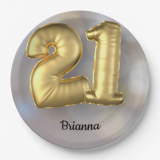 21 Goldballons mit Namen Pappteller (Vorderseite)