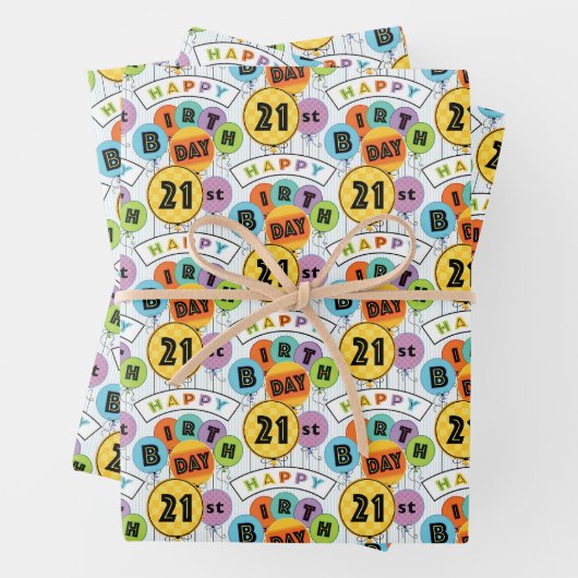 21. Happy Birthday Bright Typografy Balloons Geschenkpapier Set (Beispiel)