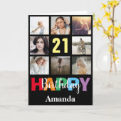 21. Happy Birthday Foto Collage Modern Black Karte (Gelbe Blume)