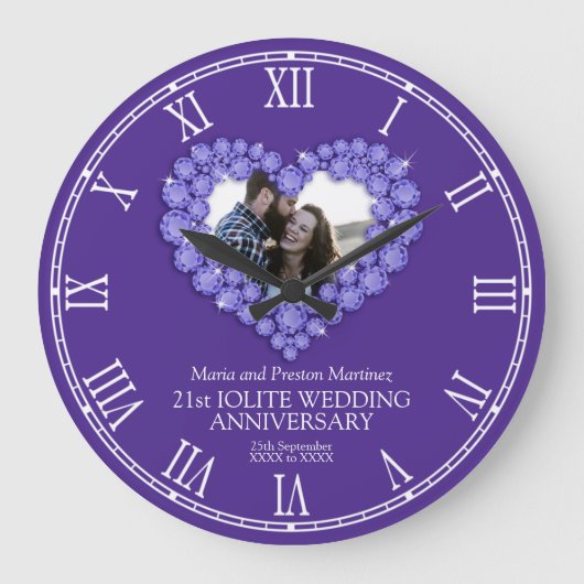 21. Hochzeitstag iolitisches Edelsteinherz Große Wanduhr (Vorderseite)