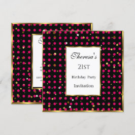 21. Hot Pink Polka Dots Gold Stars Geburtstag Einladung