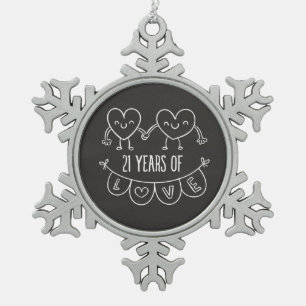 21. Jubiläum Geschenk Chalk Herzen Schneeflocken Zinn-Ornament