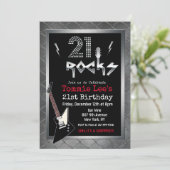 21 Rocks Rockstar Gitarre Geburtstag Einladung (Stehend Vorderseite)