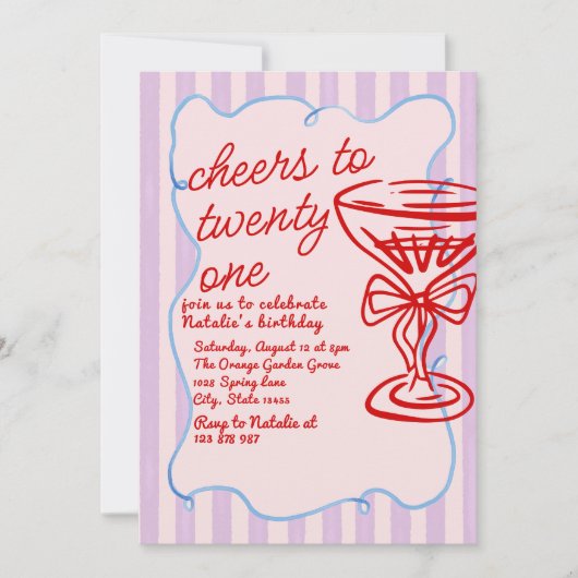 21. Rosa Handgezeichnetes Champagner Foto Geburtst Einladung (Vorderseite)