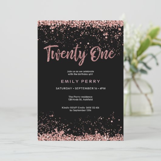 21. Rose Gold Glitzer Einladung (Stehend Vorderseite)