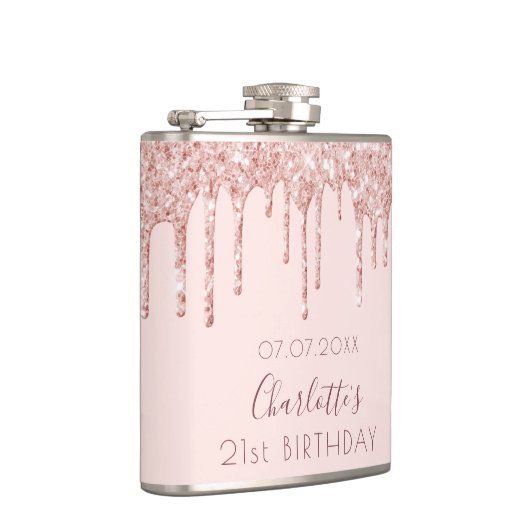 21. Rose Gold Glitzer Tropfen Rosa Monogramm Flachmann (Rechts)