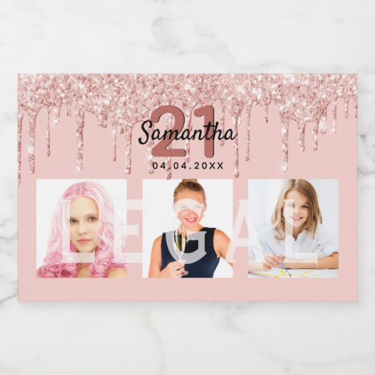 21. Rose Gold rot rechtliche Glitzer Foto Schaumweinetikett (Einzelnes Label)