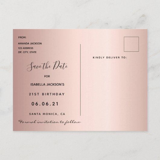 21. Rose Goldstars Save the Date Postkarte (Rückseite)