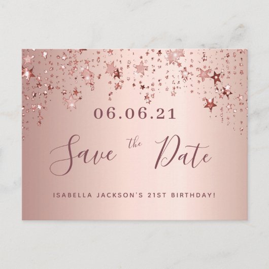 21. Rose Goldstars Save the Date Postkarte (Vorderseite)