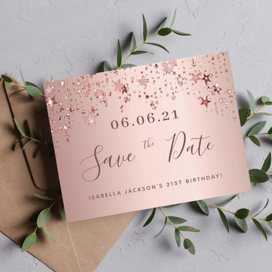 21. Rose Goldstars Save the Date Postkarte
