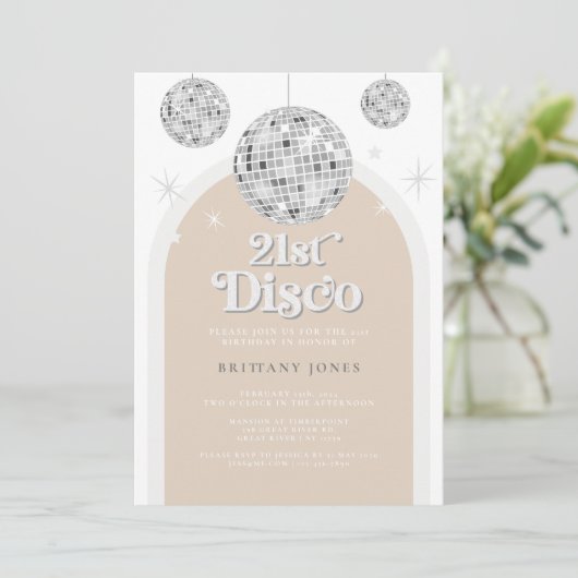 21. Silver Retro Disco Glitzer Einladung (Stehend Vorderseite)