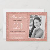 21. Sparkle Rose Gold Blush Pink Foto Einladung (Vorderseite)