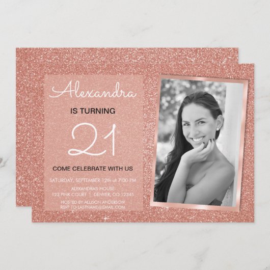 21. Sparkle Rose Gold Blush Pink Foto Einladung (Vorne/Hinten)