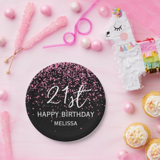 21. Sparkling Hot Pink Glitzer Black Birthday Pappteller (Party)