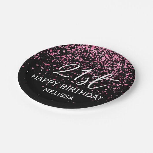 21. Sparkling Hot Pink Glitzer Black Birthday Pappteller (Schrägansicht)