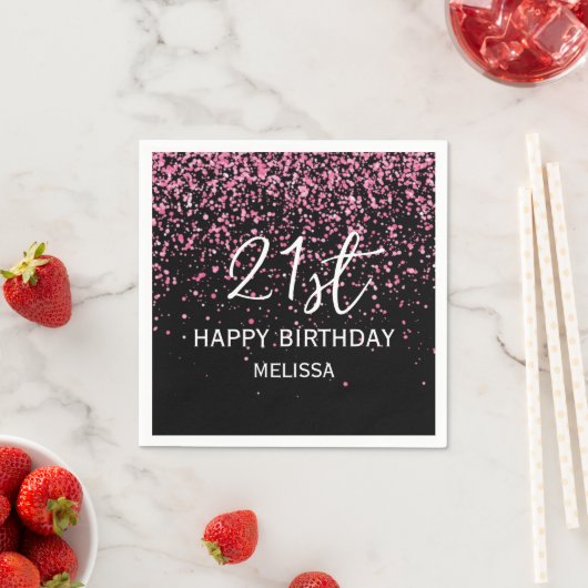 21. Sparkling Hot Pink Glitzer Black Birthday Serviette (Beispiel)