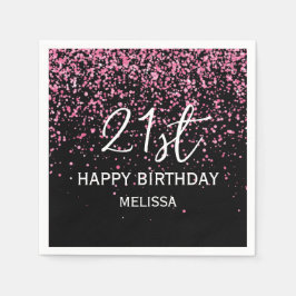 21. Sparkling Hot Pink Glitzer Black Birthday Serviette