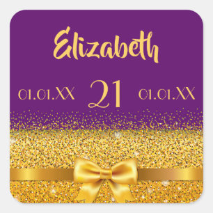 21 st birthday purple gold classic elegant name quadratischer aufkleber