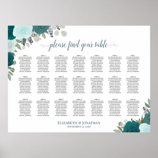 21 Tabelle Aquamarin Boho Blumenzettel Poster (Vorne)