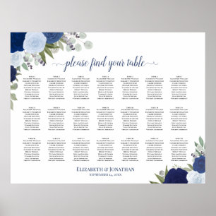 21 Tabelle Blauer Boho Blütensitzplan Poster