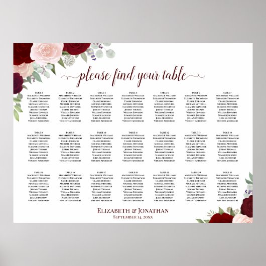 21 Tabelle Burgundy Blush Boho Bläsersitzdiagramm Poster (Vorne)
