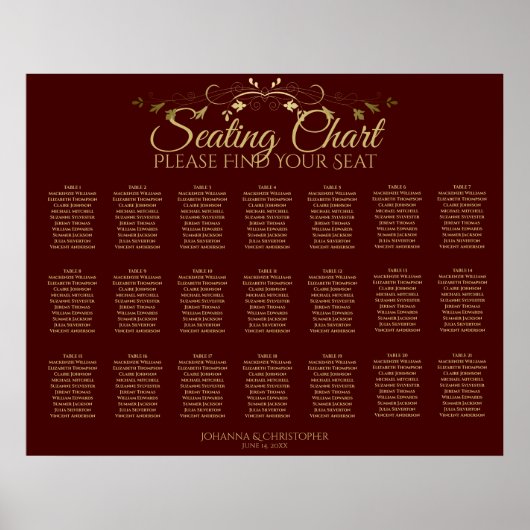 21 Tabelle Gold & Auburn Brown Hochzeitstabelle Poster (Vorne)
