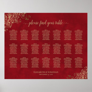 21 Table Gold Frills auf Red Wedding Seating Chart Poster