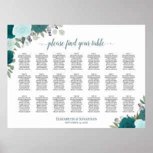 21-Tisch-Hochzeit-Sitzplan Teal Boho Floral Poster