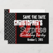 21. Überraschung Save the Date Modernes Schwarz-we Ankündigungspostkarte (Vorne/Hinten)