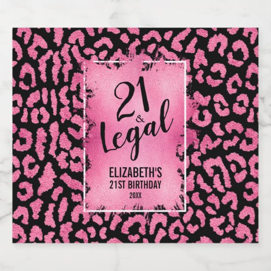21 und Personalisierter Pink Black Leopard Alkoholflaschenetikett (Einzelnes Label)
