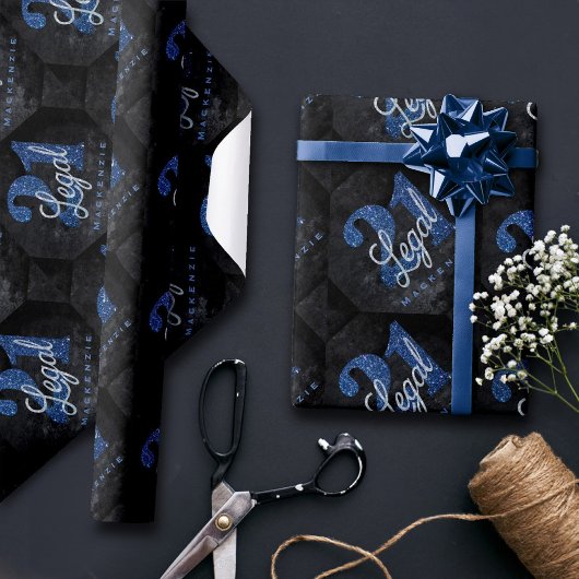 21 und Rechts | Blue 21. Birthday Chic Glitzer Geschenkpapier
