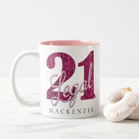 21 und Rechts | Fun Pink Imitate Glitzer 21. Gebur Zweifarbige Tasse (Mit Donut)