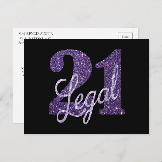 21 und Rechts | Lila Imitate Glitzer 21. Geburtsta Postkarte (Vorne/Hinten)
