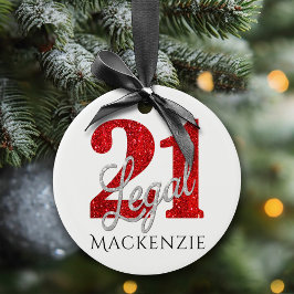 21 und Rechts | Rote Imitate Glitzer 21. Geburtsta Keramik Ornament