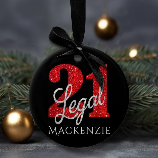 21 und Rechts | Rote Imitate Glitzer 21. Geburtsta Keramik Ornament