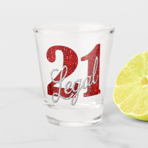21 und Rechts   Rote Imitate Glitzer 21. Geburtsta Schnapsglas