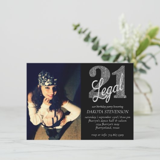 21 und Rechts | Silver Imitats Glitzer Foto Keepak Einladung (Stehend Vorderseite)